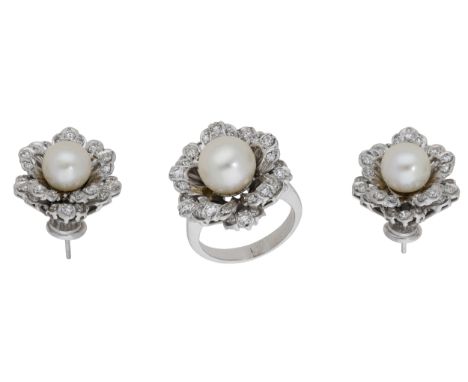 A cultured pearl and diamond ring and earring suite, of flowerhead design, set with a cultured pearl within a pierced petal s