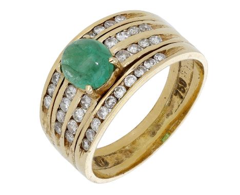 An emerald and diamond ring, the tapered band channel-set with a series of brilliant-cut diamonds and centred with an emerald
