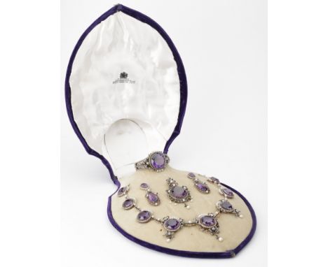 A late 19th century amethyst, diamond and pearl parure, the necklace set throughout with a series of graduated circular-cut a