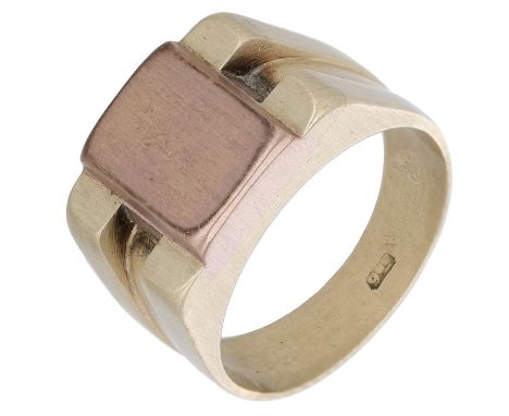A bicolour signet ring, the plain rectangular plaque between fluted shoulders and with brushed finish throughout, stamped ‘9C