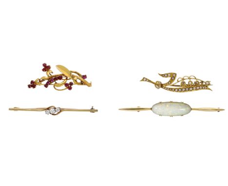 Four gem-set brooches, including two floral spray brooches set circular-cut rubies or seed pearls (one pearl deficient), toge