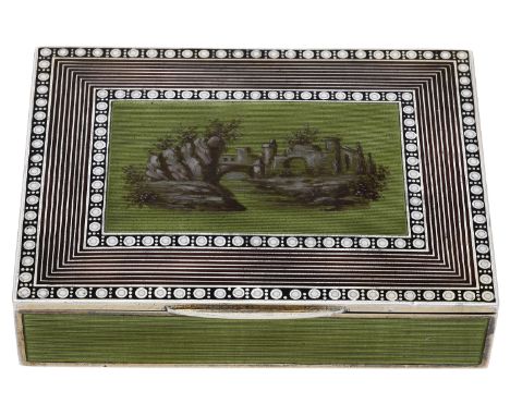 An Austrian silver and enamel snuff box, Vienna, the rectangular green enamel box depicting a landscape in a black and white 