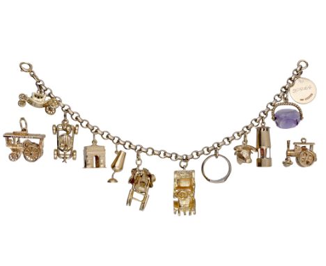 A charm bracelet, suspending various charms to include a 9ct gold car, carriage and racing cart, together with two loose 9ct 