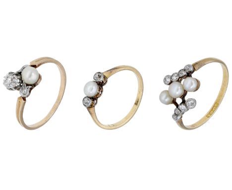 Three early 20th century pearl and diamond rings, all set with pearls or seed pearls and old brilliant-cut diamonds, mounted 