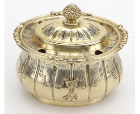 Of Royal Interest: a William IV silver gilt inkwell, oval, the lid with pineapple finial, with fittings for pens, the body wi