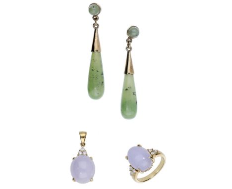 A small collection of jade jewellery, comprising a ring set with an oval jadeite cabochon of lavender tint, with a trio of br