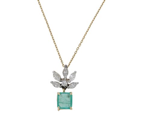 An emerald and diamond pendant on chain, the step-cut emerald beneath a marquise and brilliant-cut diamond surmount, the whol
