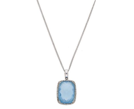 A blue topaz and diamond pendant, the fancy-cut blue topaz set within a surround of brilliant-cut diamonds, the whole suspend