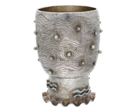 A Britannia silver and enamel ‘Aquarius’ goblet by Louis Osman, 1976, the silver beaker of gently ovoid form, on a cylindrica