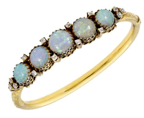 A late 19th century opal and diamond bangle, the hinged bangle set to the front with a graduated row of opal cabochons with o