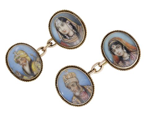 A pair of antique Indian portrait miniature cufflinks, the oval panels depicting Maharajah Ranjit Singh and possibly Jind Kau