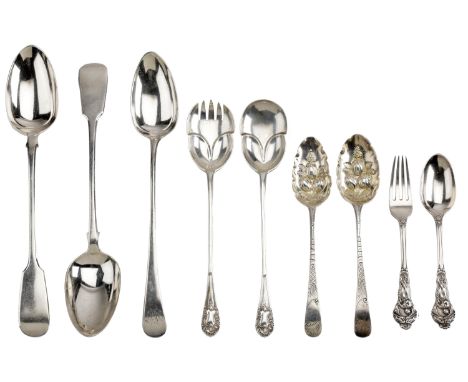 Assorted silver flatwares, comprising: two fiddle pattern serving spoons by William Eley, London 1841,  an Old English patter