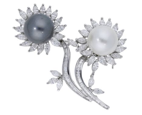 A cultured pearl and diamond spray brooch, each flower set with a cultured pearl, measuring approximately 14.2 - 14.4mm, with