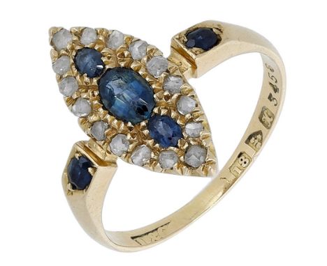 A diamond and sapphire marquise ring, 1910, set with oval-cut sapphires bordered by rose-cut diamonds, between sapphire set s
