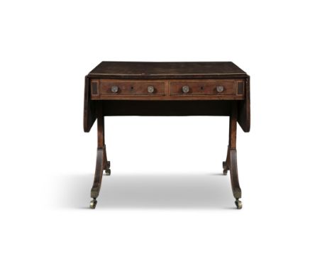 A REGENCY INLAID MAHOGANY RECTANGULAR DROP LEAF SOFA TABLE,fitted two frieze drawers, on splayed trestle supports with brass 