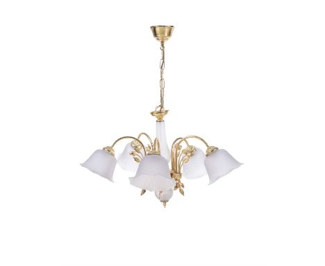 A MODERN GILT METAL AND FROSTED GLASS, FIVE LIGHT ELECTROLIER,with down turned lights and shades, 78cm drop including suspens