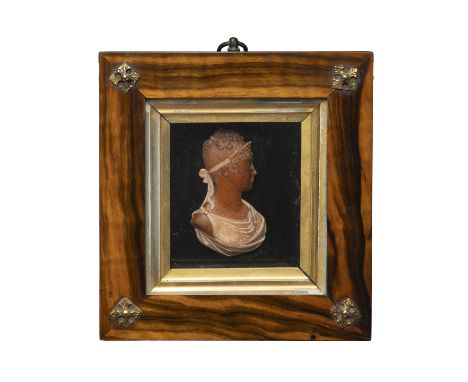 AN EARLY 19TH CENTURY WAX MINIATURE PORTRAIT OF A LADY,Inscribed 'Marie Louise' to glass backing, framed. 7.2 x 4.2cm, the fr