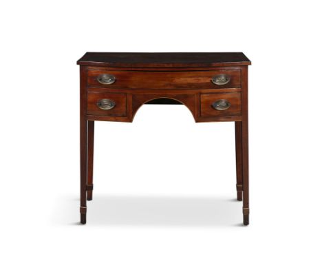 A GEORGE III INLAID MAHOGANY BOWFRONT KNEEHOLE WRITING TABLEfitted one long and two short drawers. 89cm wide, 53cm deep, 79cm