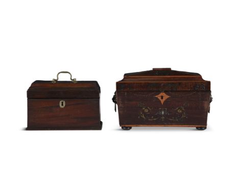 A MAHOGANY AND SATINWOOD INLAY TEA CADDY, 19TH CENTURYof rectangular form, the body painted with ribbon tied swags and floral