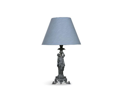 A BRONZED METAL FIGURAL TABLE LAMP, in the form of a standing maiden, on a circular base, electrified with blue shade, 40cm h