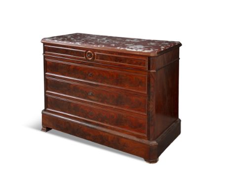 A FRENCH FLAME MAHOGANY AND MARBLE TOP COMMODE, 124 x 54 x 92CM HIGHof rectangular form, the red variegated top over four dra