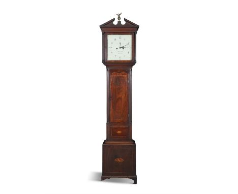 AN EARLY 19TH CENTURY INLAID MAHOGANY LONGCASE CLOCK,with broken pediment above a white enamel dial inscribed 'Warner Dublin'