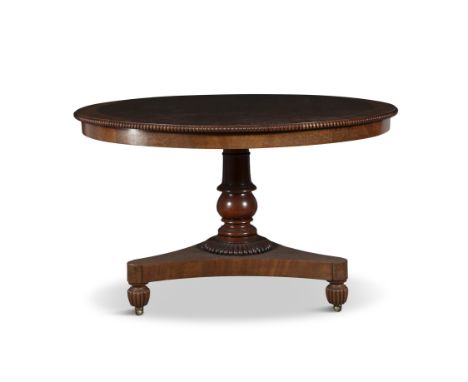A WILLIAM IV MAHOGANY CIRCULAR TABLE, the top cross banded and decorated with a beaded border on a centre pillar and triangul