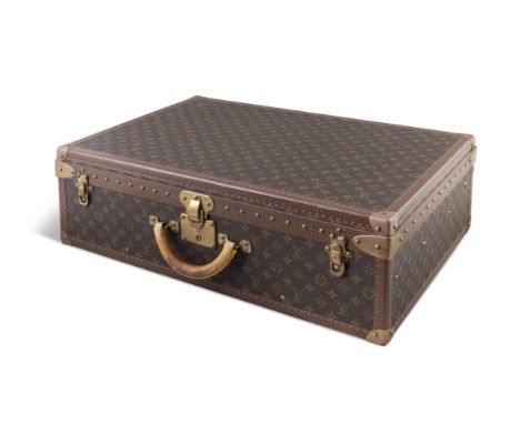 A MODERN LOUIS VUITTON TRUNK CASE brown monogram canvas, rounded leather carrying handle, with gold strapwork and studding, s