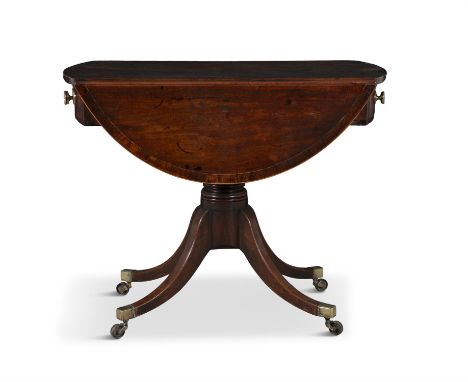 A GEORGE IV MAHOGANY AND SATINWOOD INLAY DOUBLE DROP LEAF SOFA TABLE fitted with twin frieze drawers, on turned centre pillar