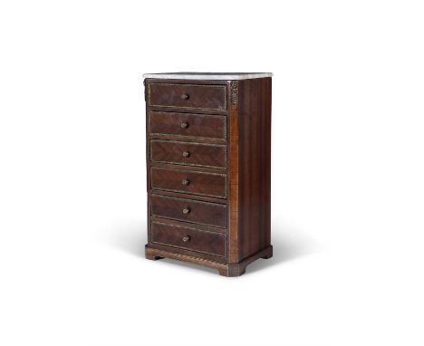 A SMALL FRENCH MARBLE TOPPED SIX-DRAWER SPECIMEN CHEST, C.1900of upright rectangular form, with angled corners, and gilt meta