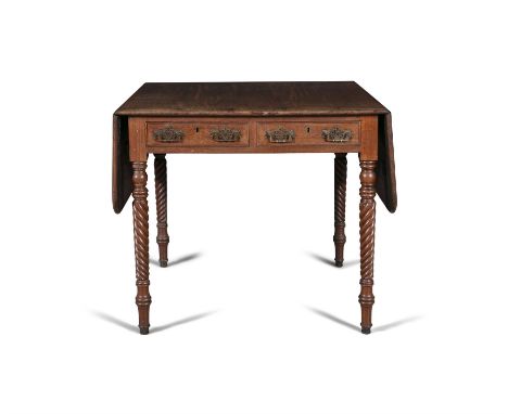AN IRISH GEORGE IV MAHOGANY AND ROSEWOOD BANDED SOFA TABLEthe rectangular top with drop-leaf ends, fitted with twin frieze dr