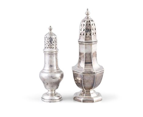 A LARGE SILVER MUFFINEER, Birmingham c.1909, maker's mark of William Hutton & Sons Ltd, 20.5cm high; together with another sm