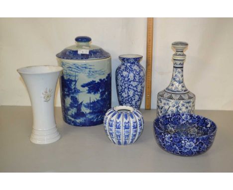 Mixed Lot: A reproduction blue and white iron stone cylindrical jar together with various vases, blue and white bowl etc