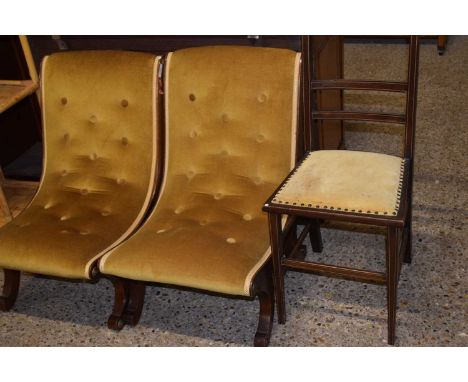 A pair of gold draylon upholstered slope back bedroom chairs together with a further Edwardian bedroom chair (Item numbers 89