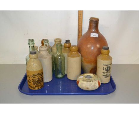 Tray of various vintage bottles, Allsops match striker etc