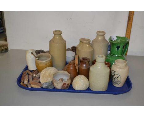 A tray of various assorted fossils, vintage bottles etc
