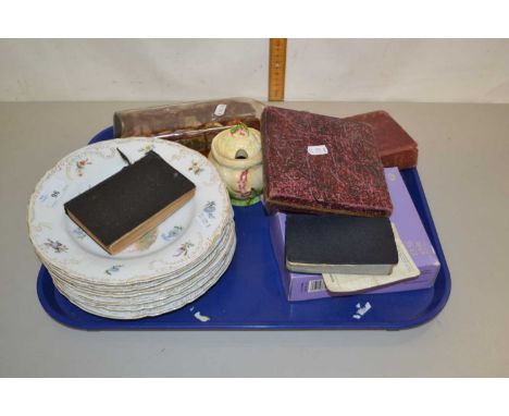 Mixed Lot: Continental wall plates, vintage ship in a bottle, vintage prayer book, cased cutlery etc