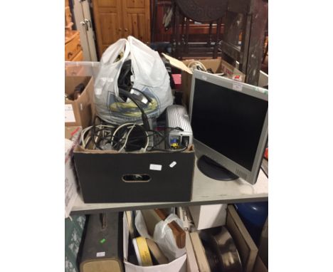 A BOX AND BAG OF ELECTRICAL ITEMS INC PROJECTOR, DVD PLAYER, HARD DRIVES ETC