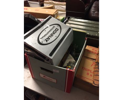 2 BOXES OF COLLECTABLES, CLOCK/BAROMETER, VHS ETC