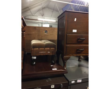 A BED TABLE, FOOT STOOL AND OAK CABINET