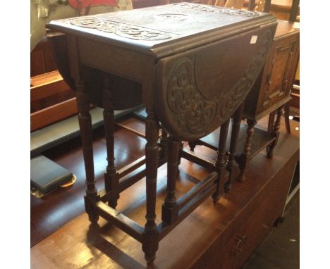 DROP LEAF CARVED OAK TABLE, L60CM