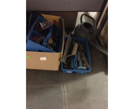 2 BOXES OF TOOLS AND A GALVANISED TIN WATERING CAN