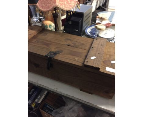 A WOODEN TOOL BOX AND TOOLS