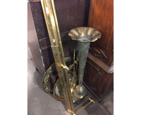 BRASS FENDER, VASE, TABLE, PLATE, FIRESIDE SET