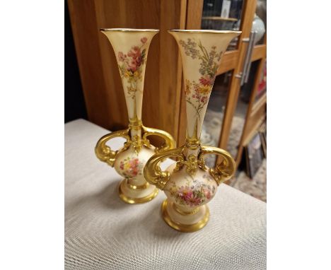 Pair of Late Victorian Royal Worcester Twin Handled Gilded Floral Vases - Puce marked 1749 to bases - 21cm high