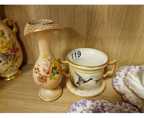 Pair of Antique Royal Worcester Floral and Mallard Duck Detail Pieces - marked 96 and 1071 to bases