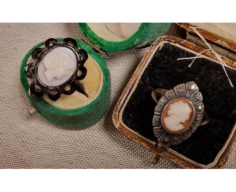Pair of Vintage Cameo Rings inc a Whitby Jet and a 9ct Gold Example