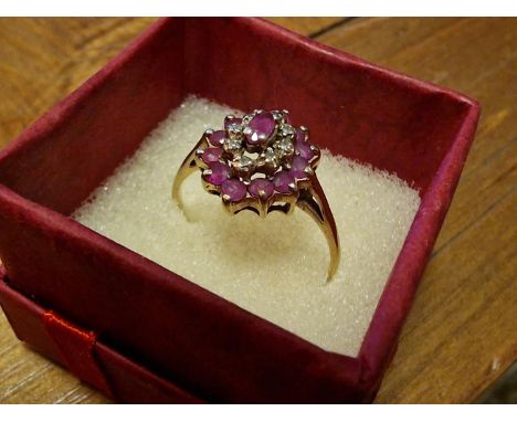 9ct Gold, Ruby &amp; Diamond Cluster Ring, size R