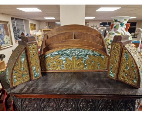 3pc Arts &amp; Crafts Green and Brass Covered Book Trough/Desktidy and Bookends