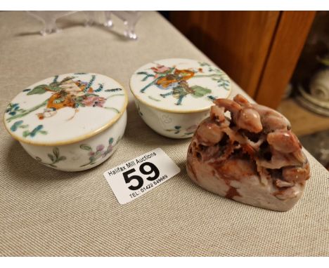 Pair of Handpainted Chinese Trinket Boxes + a Soapstone Seal